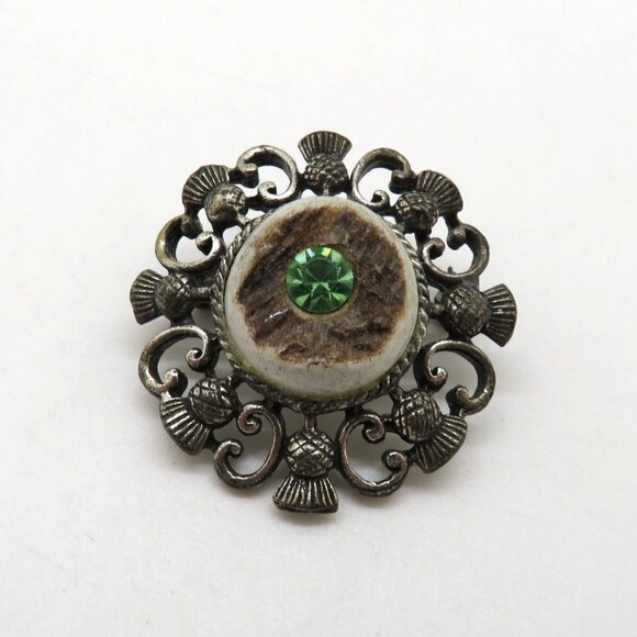 Vintage Deer Antler Brooch Green Gem Silver Tone 1.5" Ornate Metalwork - Picture 2 of 9